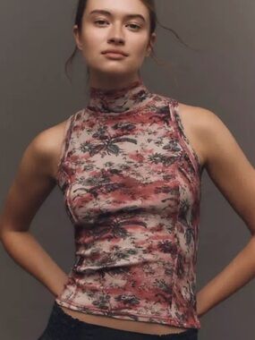 Anthropologie Pilcro Rose & Black Floral Turtleneck Tank M